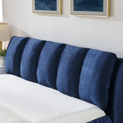 King Size Upholstered Bed Frame with Segmented Sponge Headboard - Dark Blue or Beige