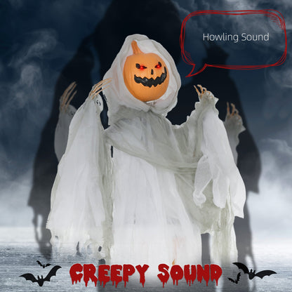 Outdoor Halloween Hanging Pumpkin Ghost with Light-Up Eyes and Sound - Orange