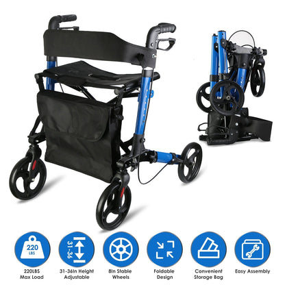 Aluminum Rollator Walker with Seat Backrest Foldable Rolling Walker with 220LBS Max Load 31-36in Adjustable Height 8in Wheels for Seniors Adult Mobili
