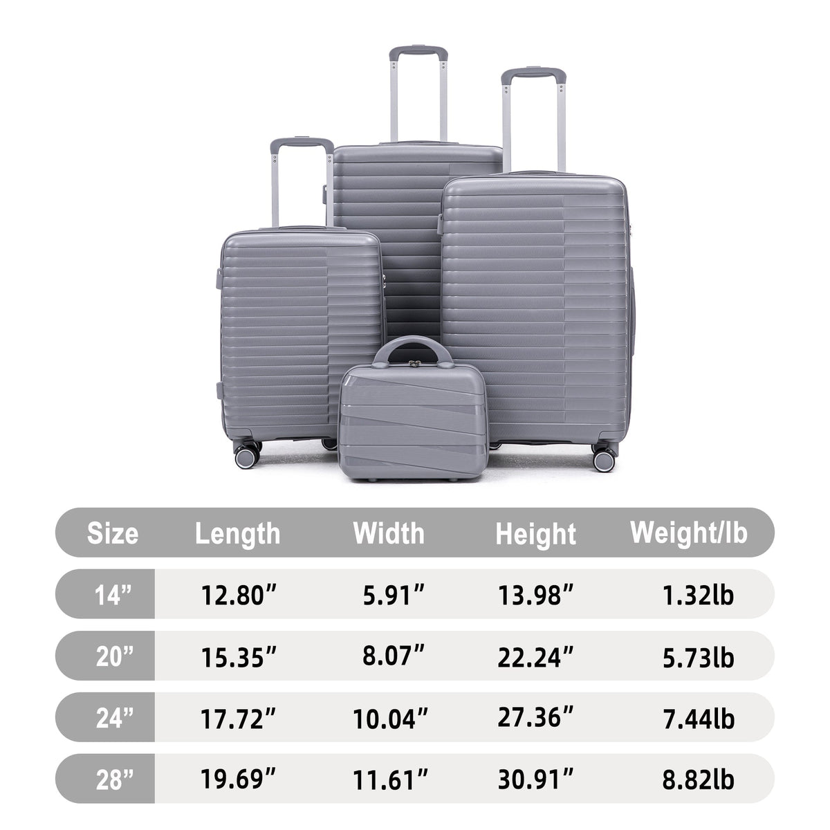 4-Piece Polypropylene Luggage Set with Spinner Wheels and Cosmetic Case - Light Gray