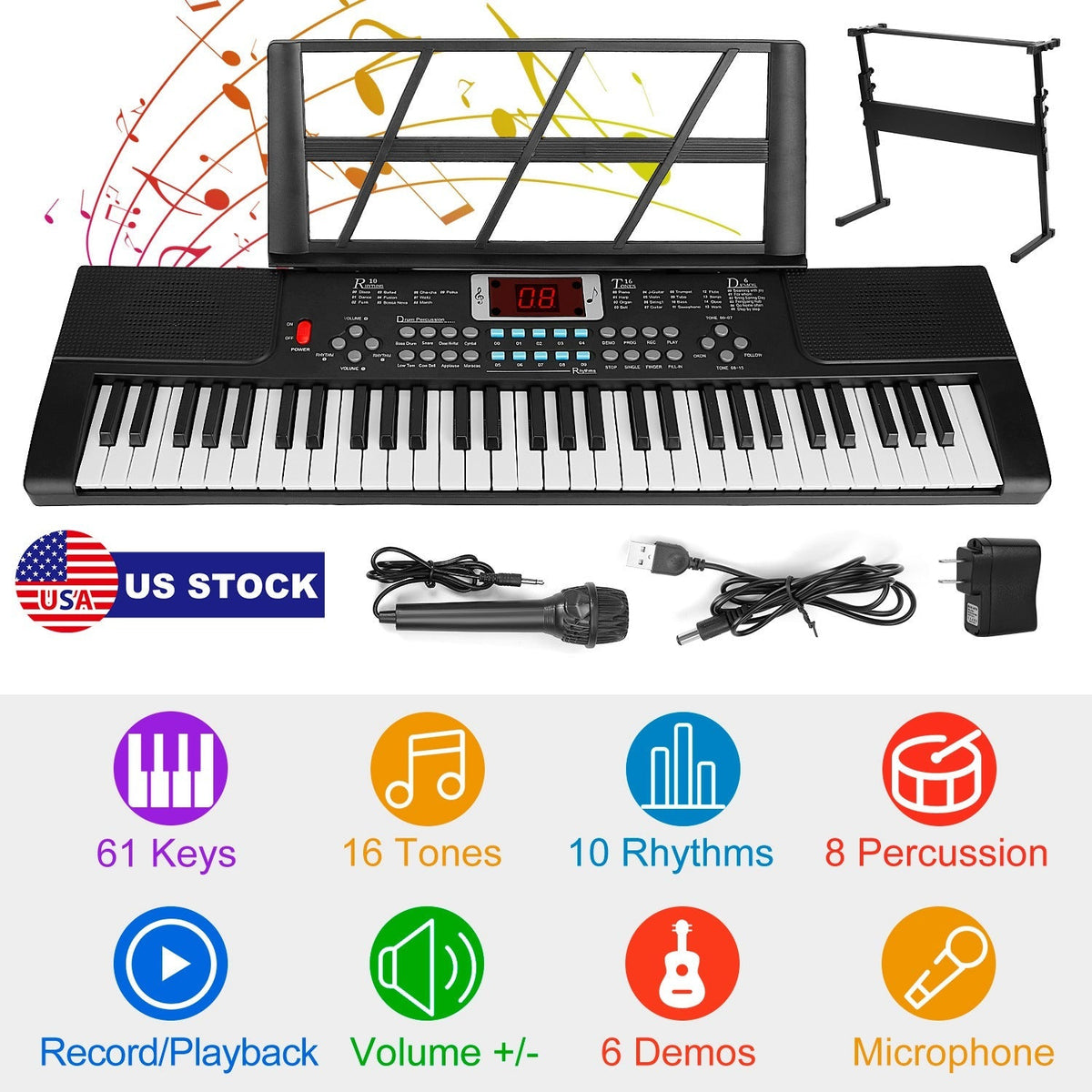 61 Keys Digital Music Electronic Keyboard Electric Musical Piano Instrument Kids Learning Keyboard w/ Stand Microphone For Beginners