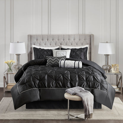 Black 7 Piece Tufted Comforter Set with Embroidered Details - King