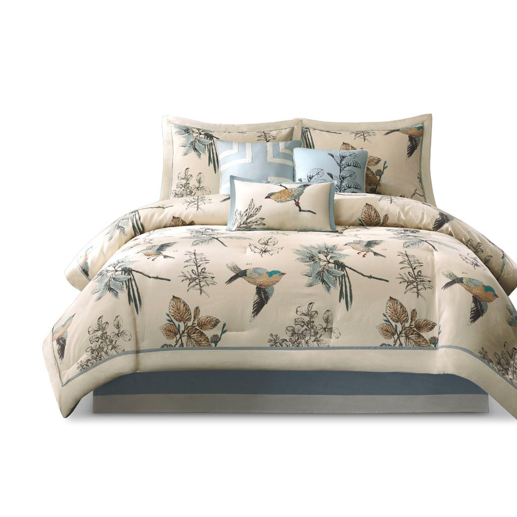 Khaki Printed Cotton Twill King Comforter Set with Embroidery - 7 Piece