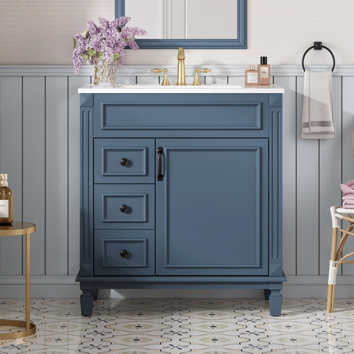 Bathroom Vanity with Ceramic Sink and Storage - White or Blue