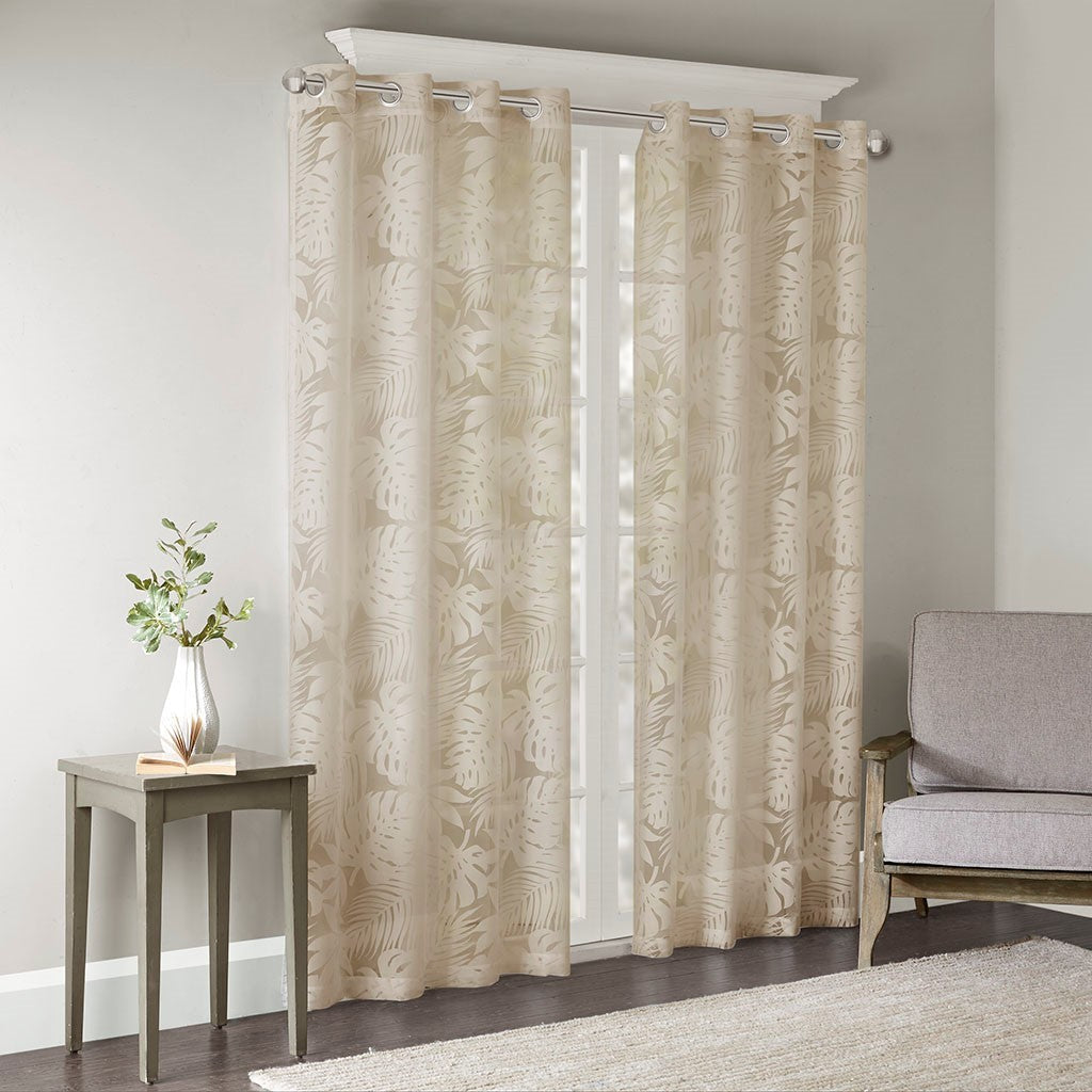 Palm Leaf Burnout Sheer Window Curtain with Palm Leaf Design - Natural