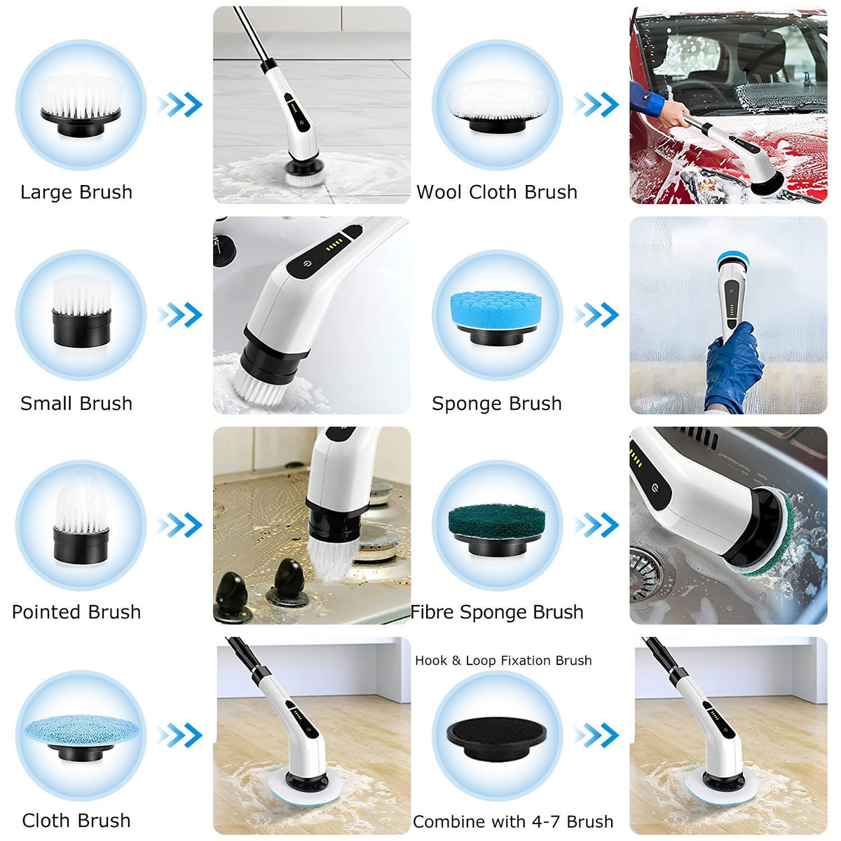 Electric Spin Scrubber Cordless Rechargeable Telescopic Cleaning Brush 8 Replaceable Heads 2 Speed Adjustable Extension Arm Bathroom Tub Tile Floor