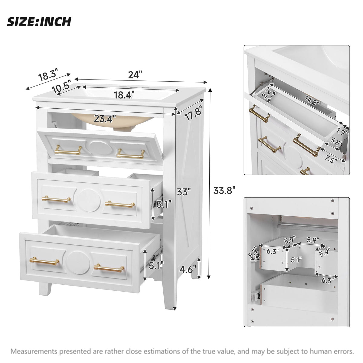 Bathroom Vanity with Sink and 3 Drawer Storage Cabinet - White or Black