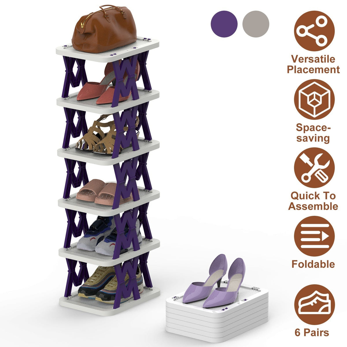 6 Tier Foldable Shoe Rack Vertical Shoe Organizer Narrow Shoe Rack for Small Spaces Space Saving Free Standing for Corner Entryway Hallway Bedroom