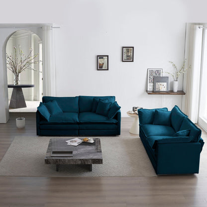 Blue Chenille Sofa Set with Solid Wood Frame - 2 Piece