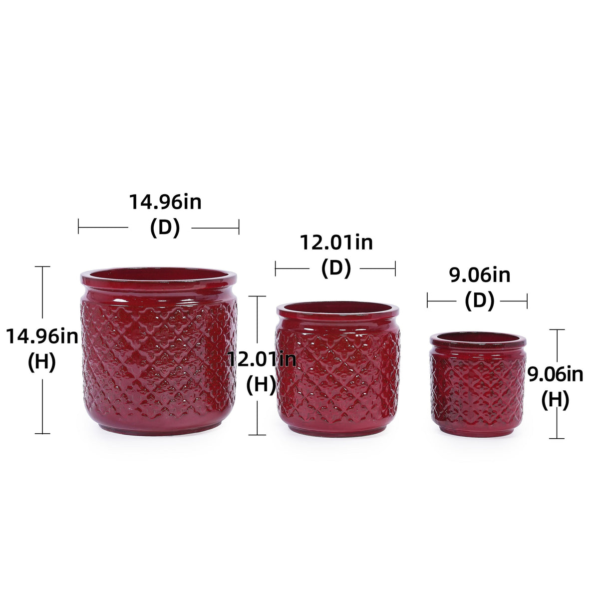 Bean Paste Red Ceramic Flowerpot Set with Diamond Pattern - 3 Pieces