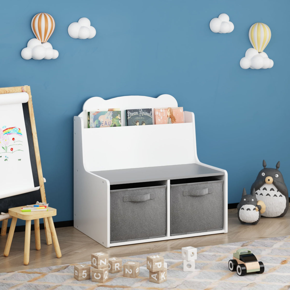 White Bookshelf With Storage Bins and Bear-Shaped Backboard