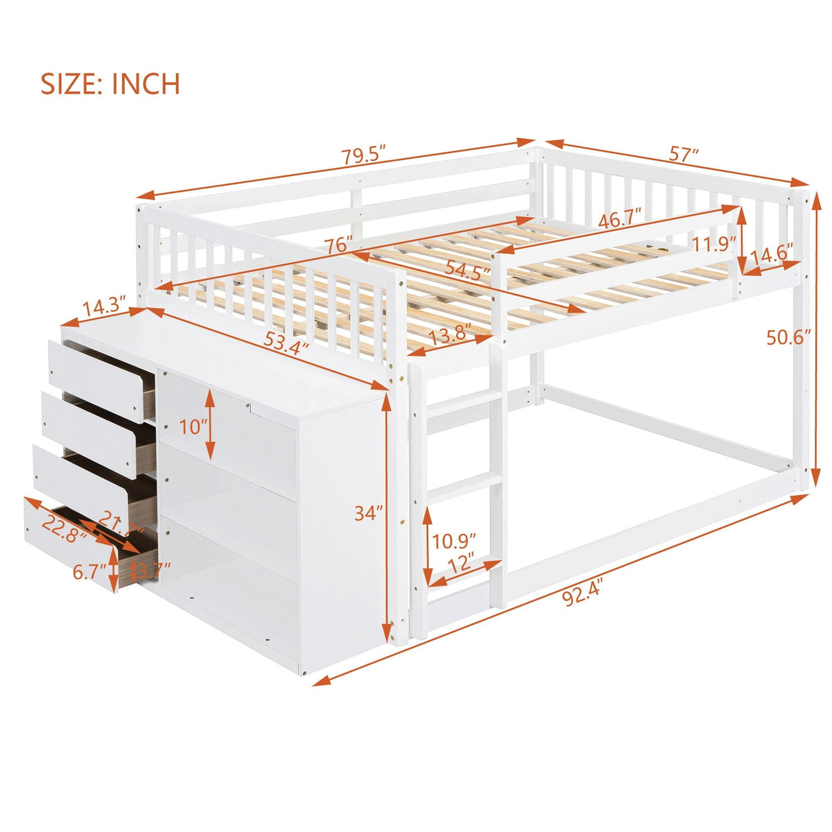 Bunk Bed With 4 Drawers and 3 Shelves - Solid Pine Wood