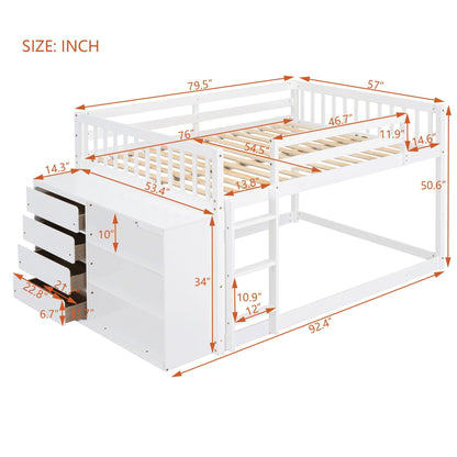 Bunk Bed With 4 Drawers and 3 Shelves - Solid Pine Wood