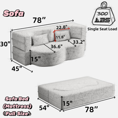 Modern Floor Futon Sofa Bed with Teddy Fabric and Two Pillows - Multiple Colors