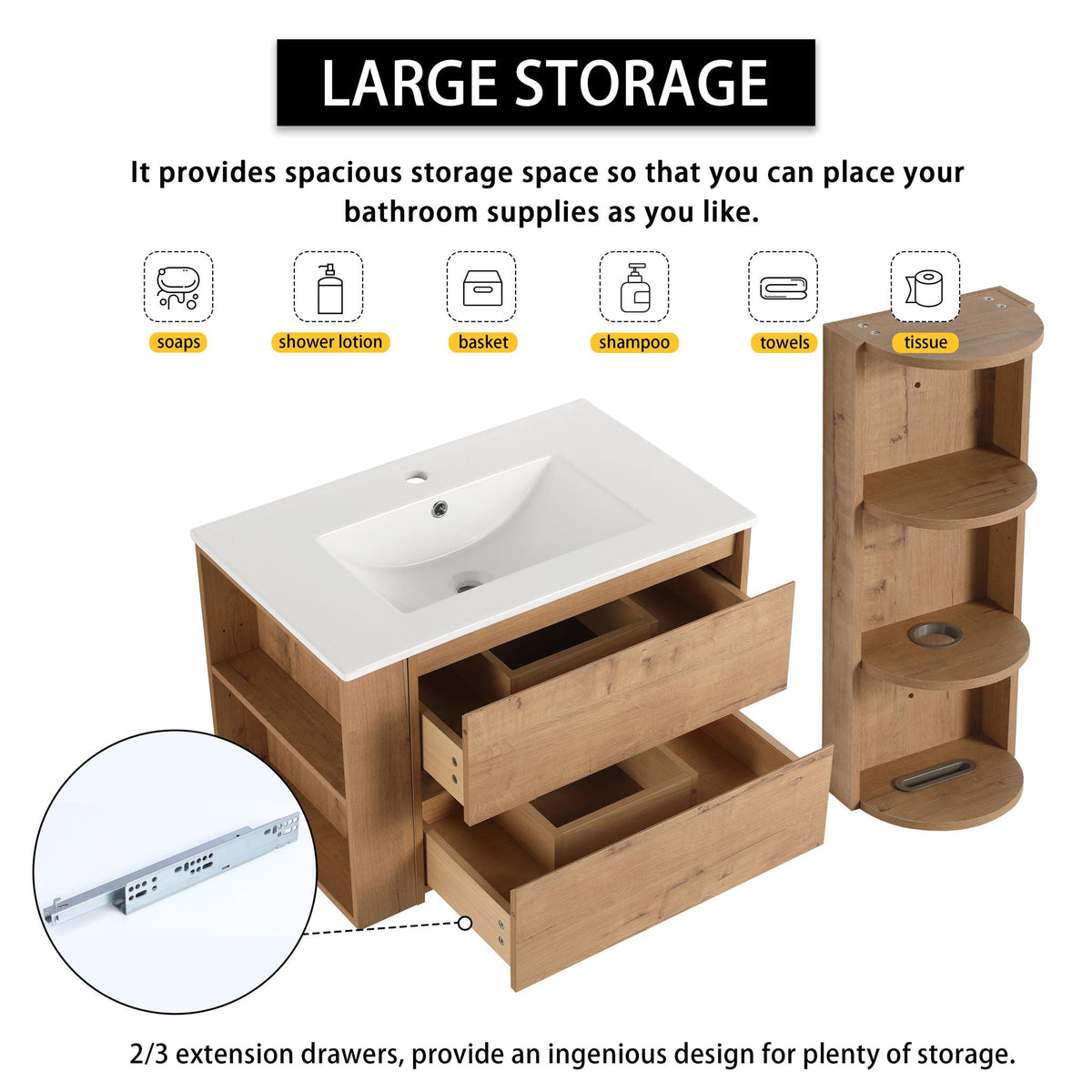 Modern Wall Mounted Bathroom Vanity with Ceramic Sink and Storage - Light Brown