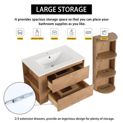 Modern Wall Mounted Bathroom Vanity with Ceramic Sink and Storage - Light Brown