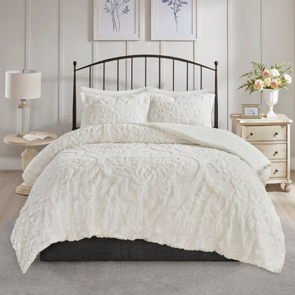 Tufted Cotton Chenille Damask Comforter Set with Shams - Off White