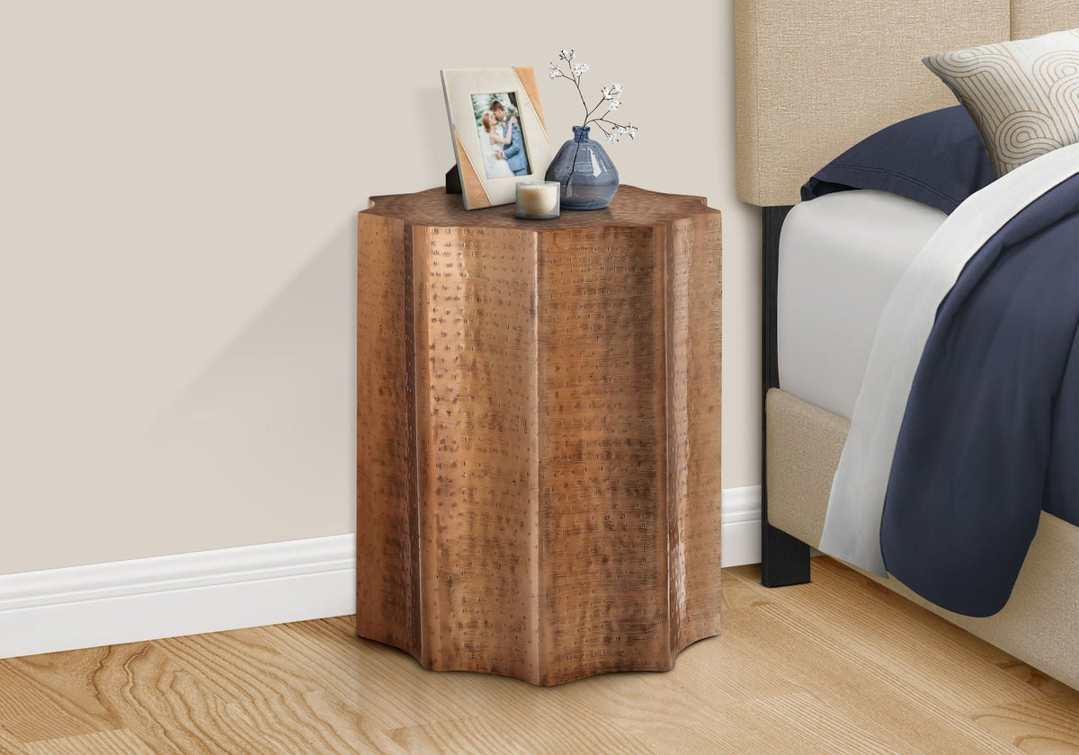 Drum Accent Side Table with Scalloped Hammered Metal Design - Beige, Bronze, Gold