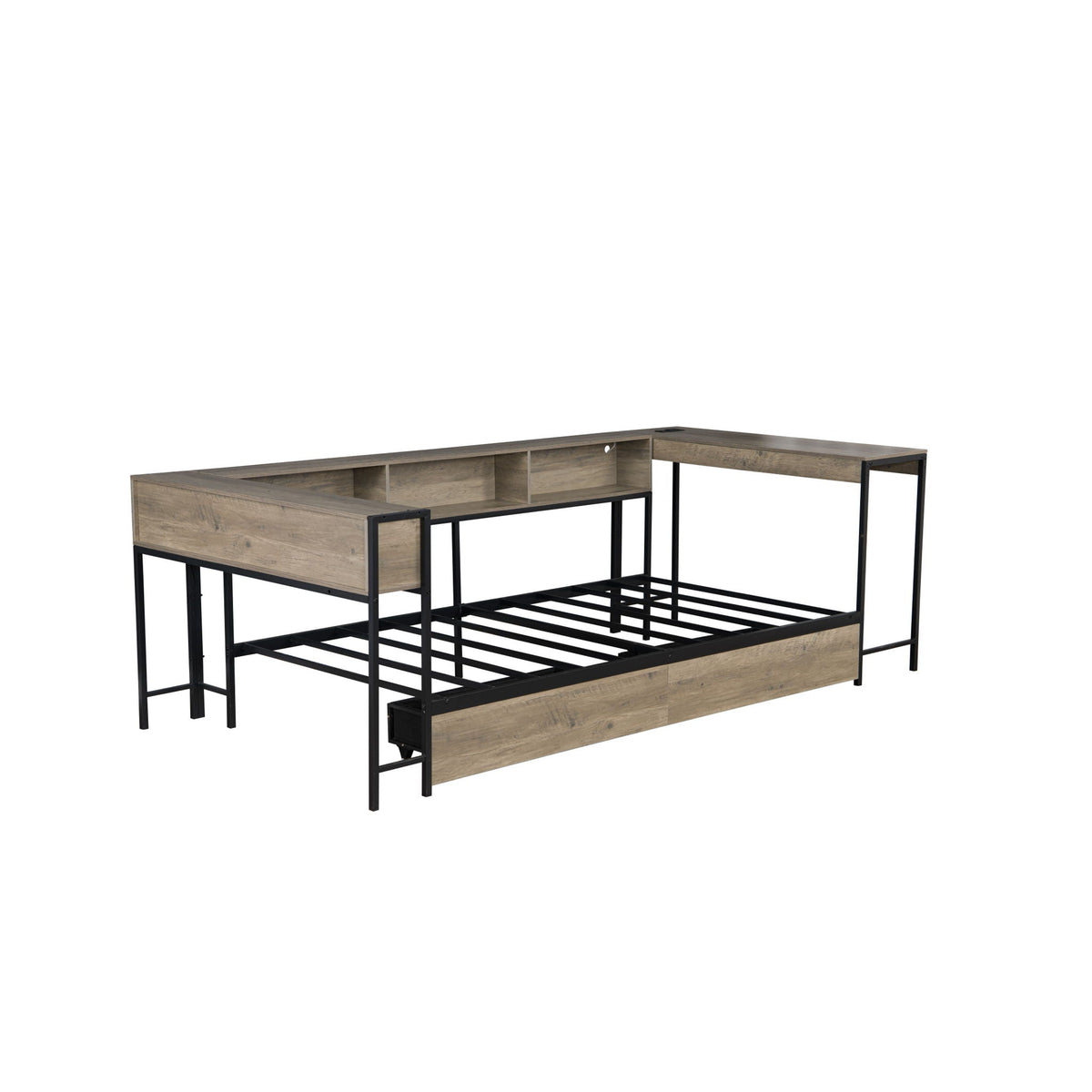 Twin Storage Bed with Bookcase, LED Light & Charging Station - Gray