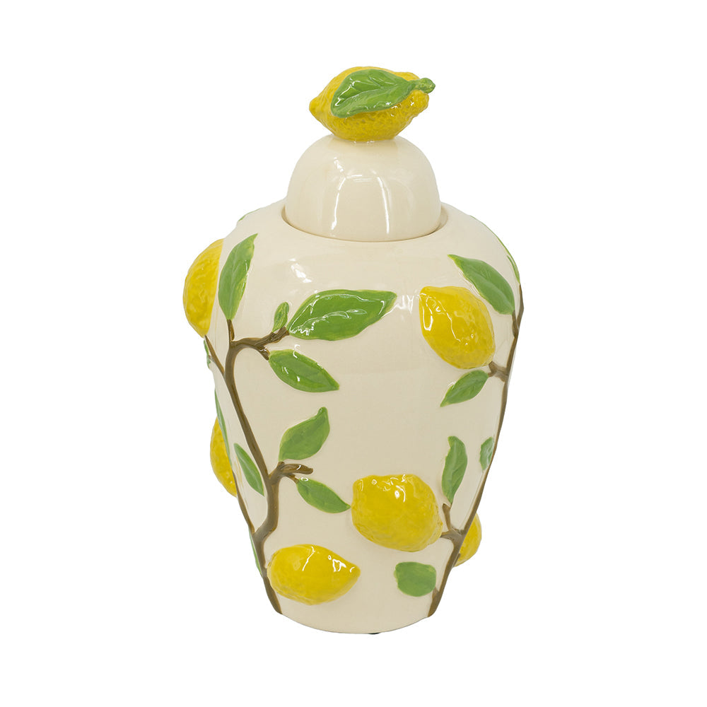 White Ceramic Lidded Jar with Playful Lemon Design - 15" Tall