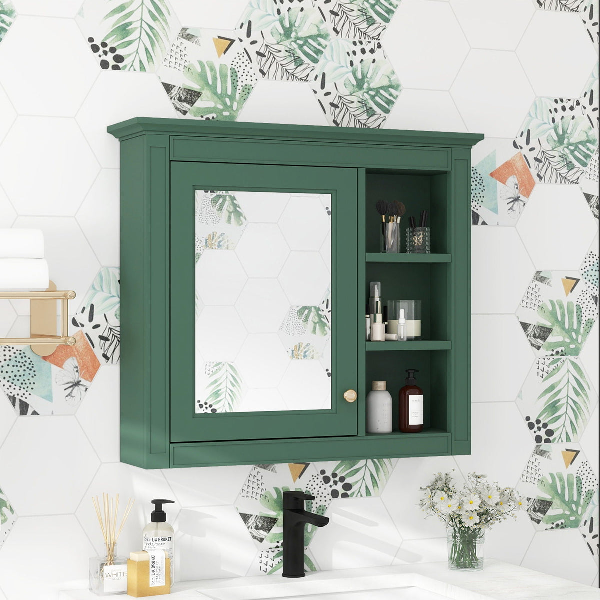 Wall Mounted Medicine Cabinet with Mirror and 3 Open Shelves - Multiple Colors