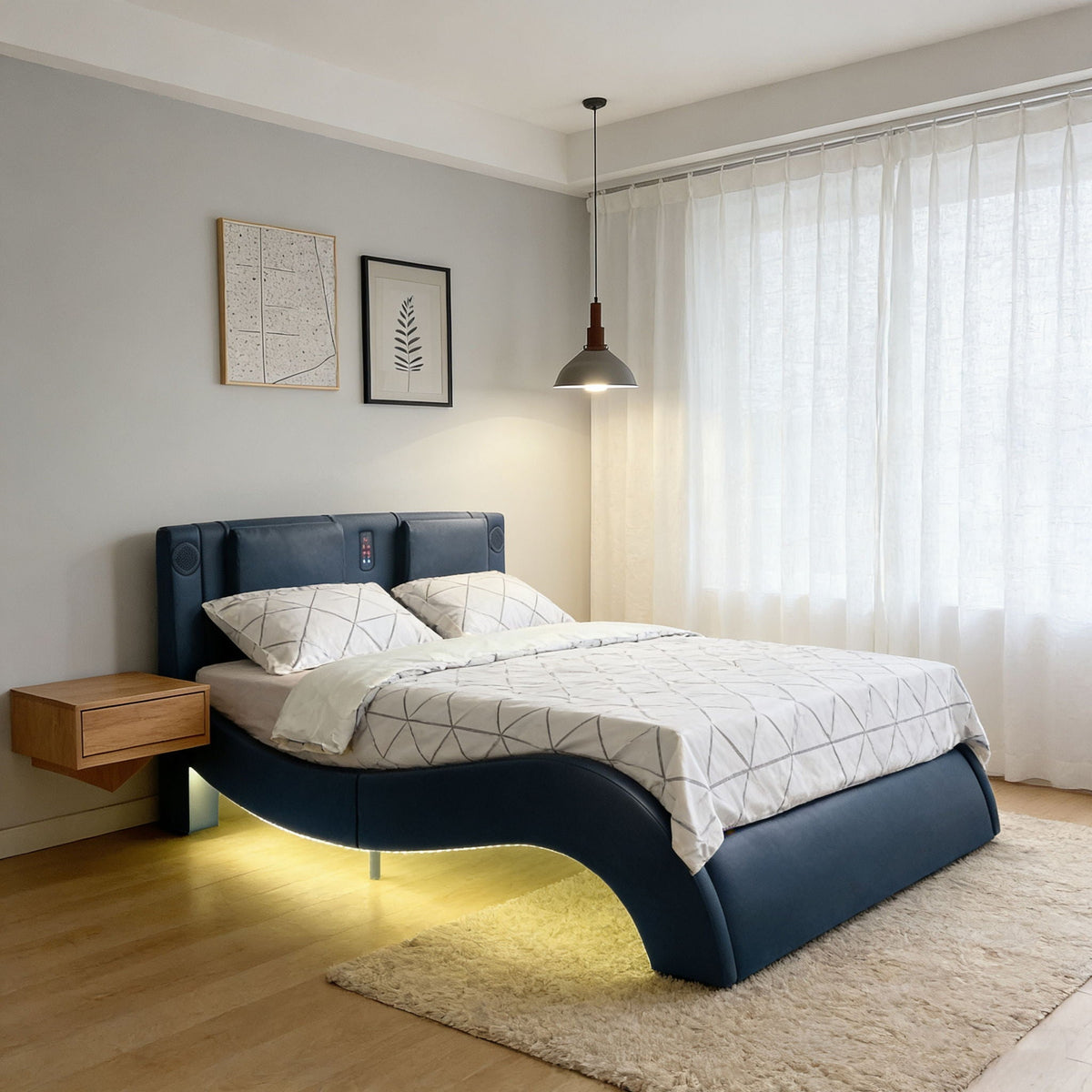 Platform Bed Frame with LED Lighting, Bluetooth & Massage - Faux Leather