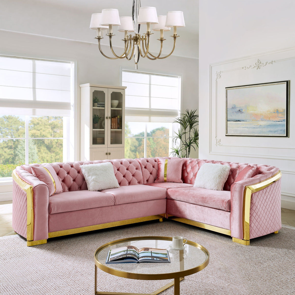 L Shaped Chesterfield Sectional Sofa with Stainless Steel Accents - Pink, Black, Beige