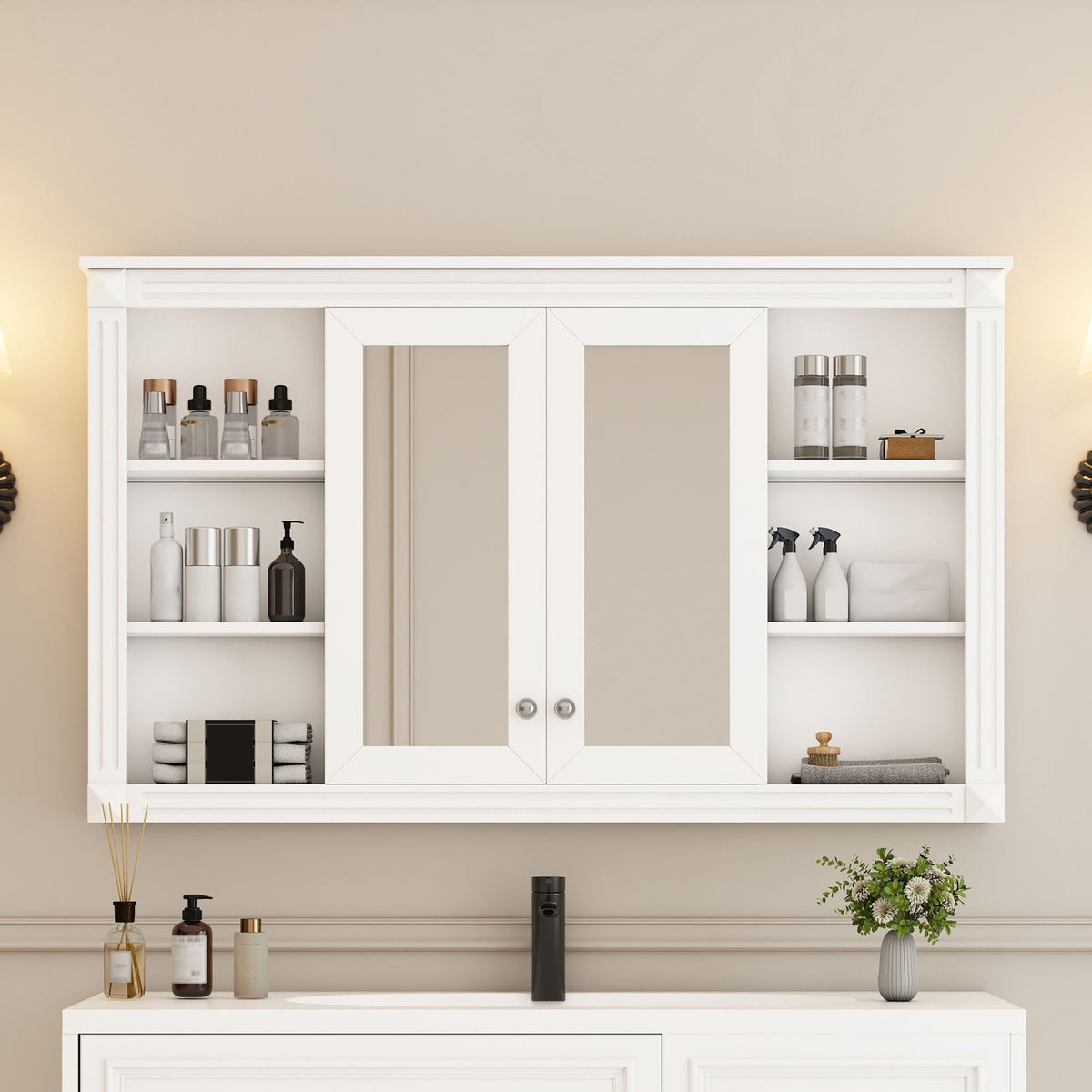 Wall-Mounted Mirror Cabinet with Adjustable Shelf and Open Shelves - White or Blue