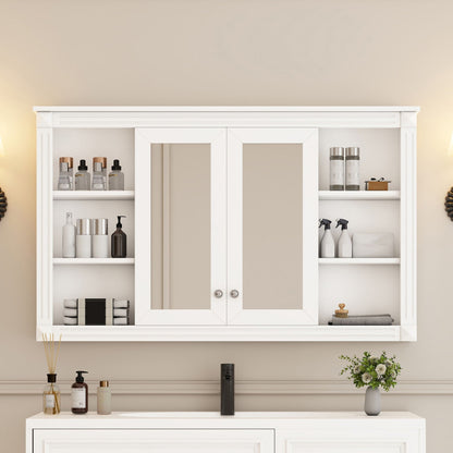 Wall-Mounted Mirror Cabinet with Adjustable Shelf and Open Shelves - White or Blue