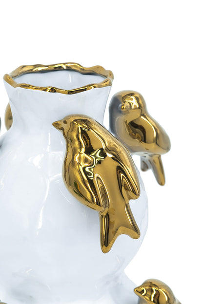 White Two-Tiered Ceramic Vase with Gold Bird Accents - 14" Height
