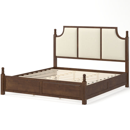 King Size Farmhouse Solid Wood Platform Bed Frame with 50.8" Tall Headboard - Walnut