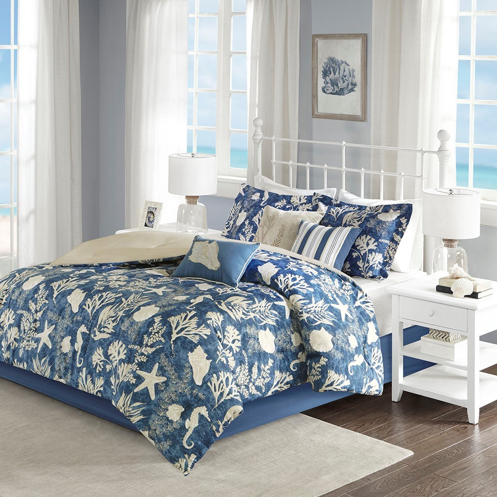Blue Cotton Sateen Comforter Set with Coordinated Accessories - Cal King
