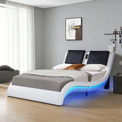 Platform Bed Frame with LED Lighting, Bluetooth & Massage - Faux Leather