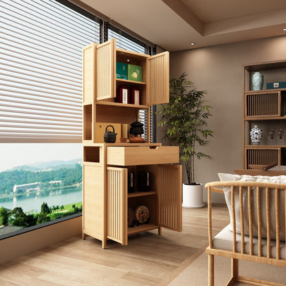 Rustic Cottage Style Double Door Bamboo Linen Cabinet with Ample Storage - Light Brown