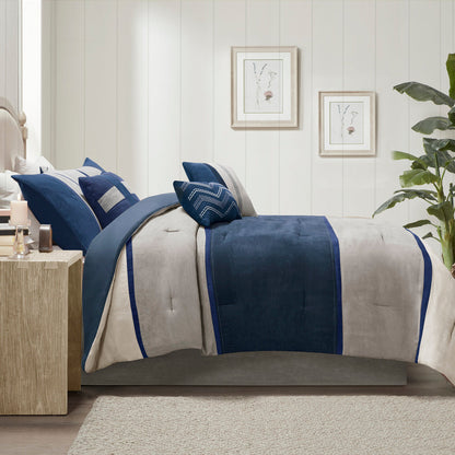 Blue Faux Suede Queen Comforter Set with Decorative Pillows - 7 Piece