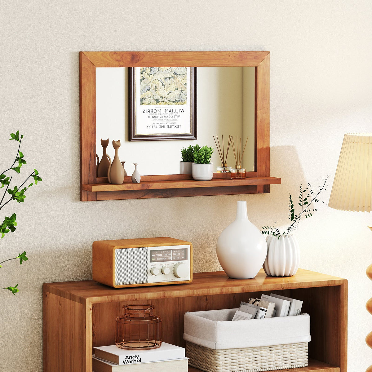 Farmhouse Wall Mirror with Shelf and Teak Wood Frame