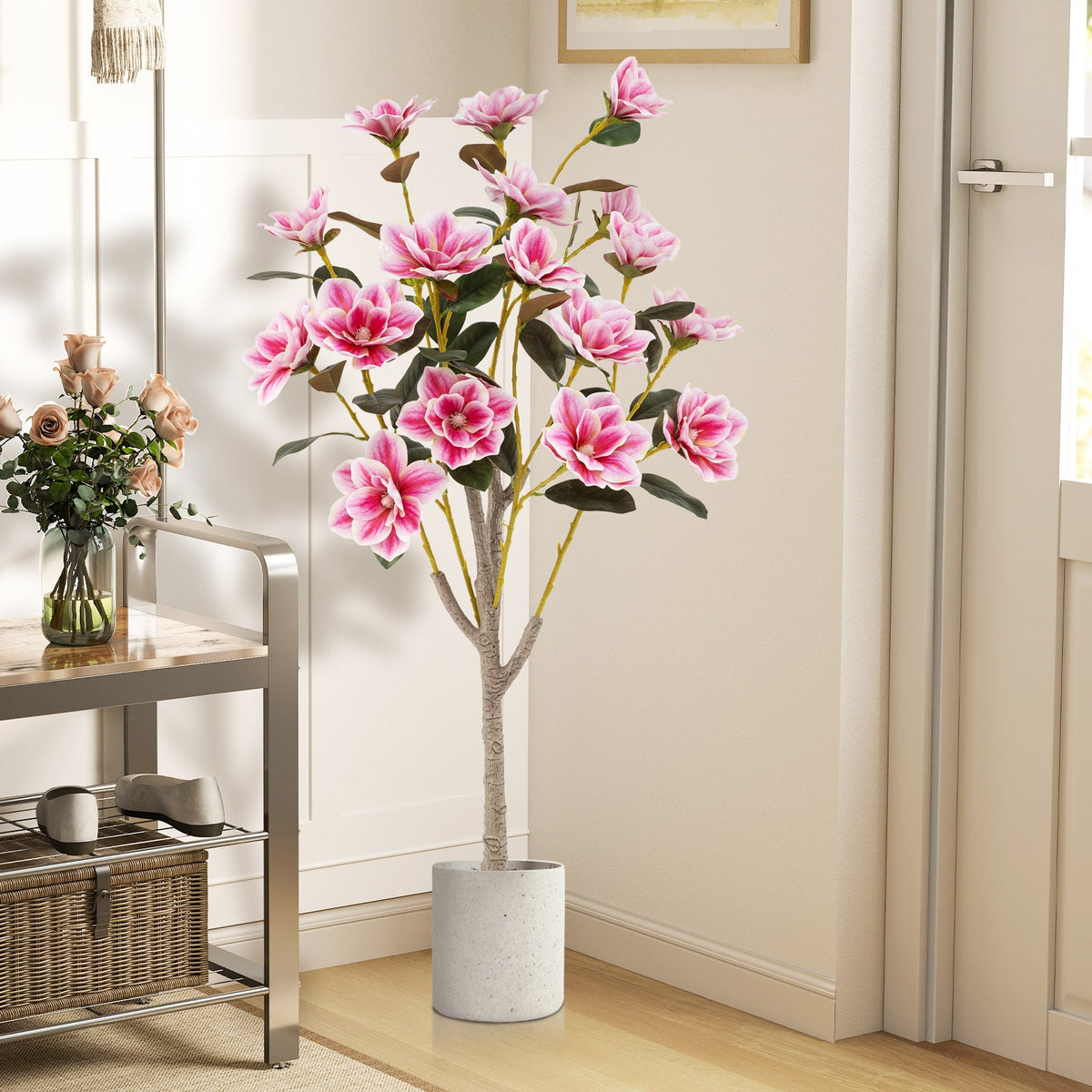 Faux Wedding Flower Plant with Elegant PEVA Leaves and Multi-branch Trunks-Pink