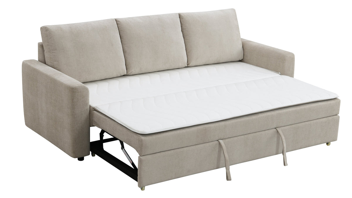 Leira Beige Linen Pull Out Sleeper Sofa with Plush Cushions - Beige