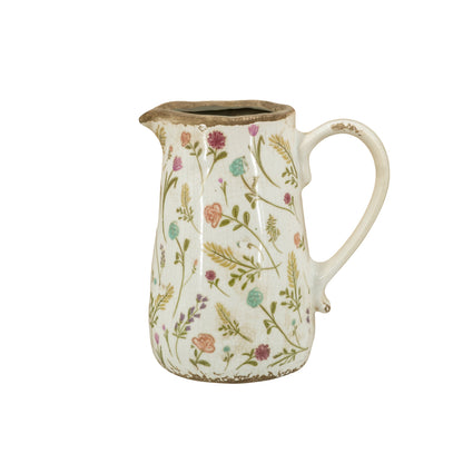 Round Ceramic Pitcher Vase with Floral Motifs - Multicolor