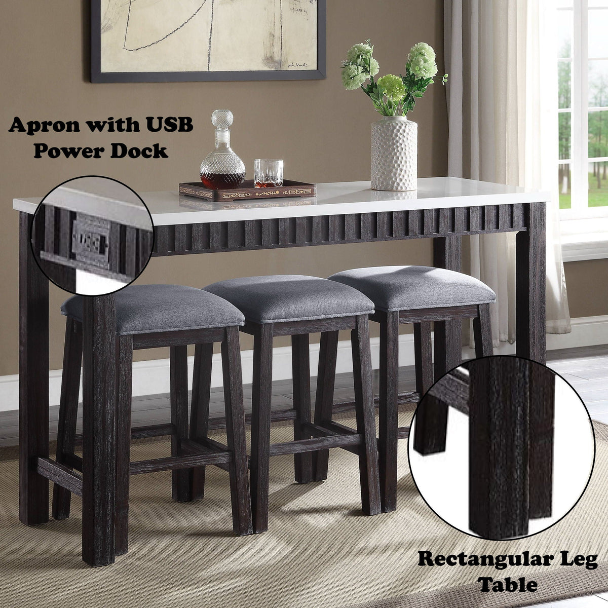 Marble Top 4 Piece Counter Height Dining Set with USB Charging Dock - Espresso