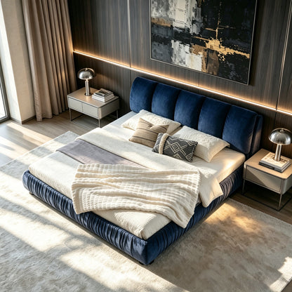 King Size Upholstered Bed Frame with Segmented Sponge Headboard - Dark Blue or Beige