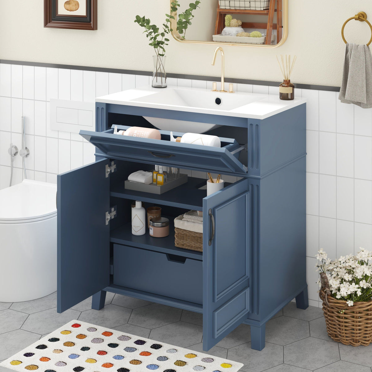Blue Bathroom Vanity With Sink Storage Cabinet with Soft-Close Doors - Blue