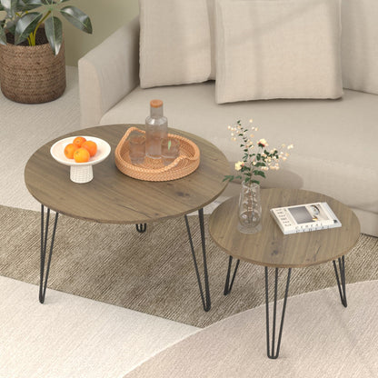 Rustic Round Nesting Coffee Table Set of 2 with Metal Frame - White, Black, Light Brown