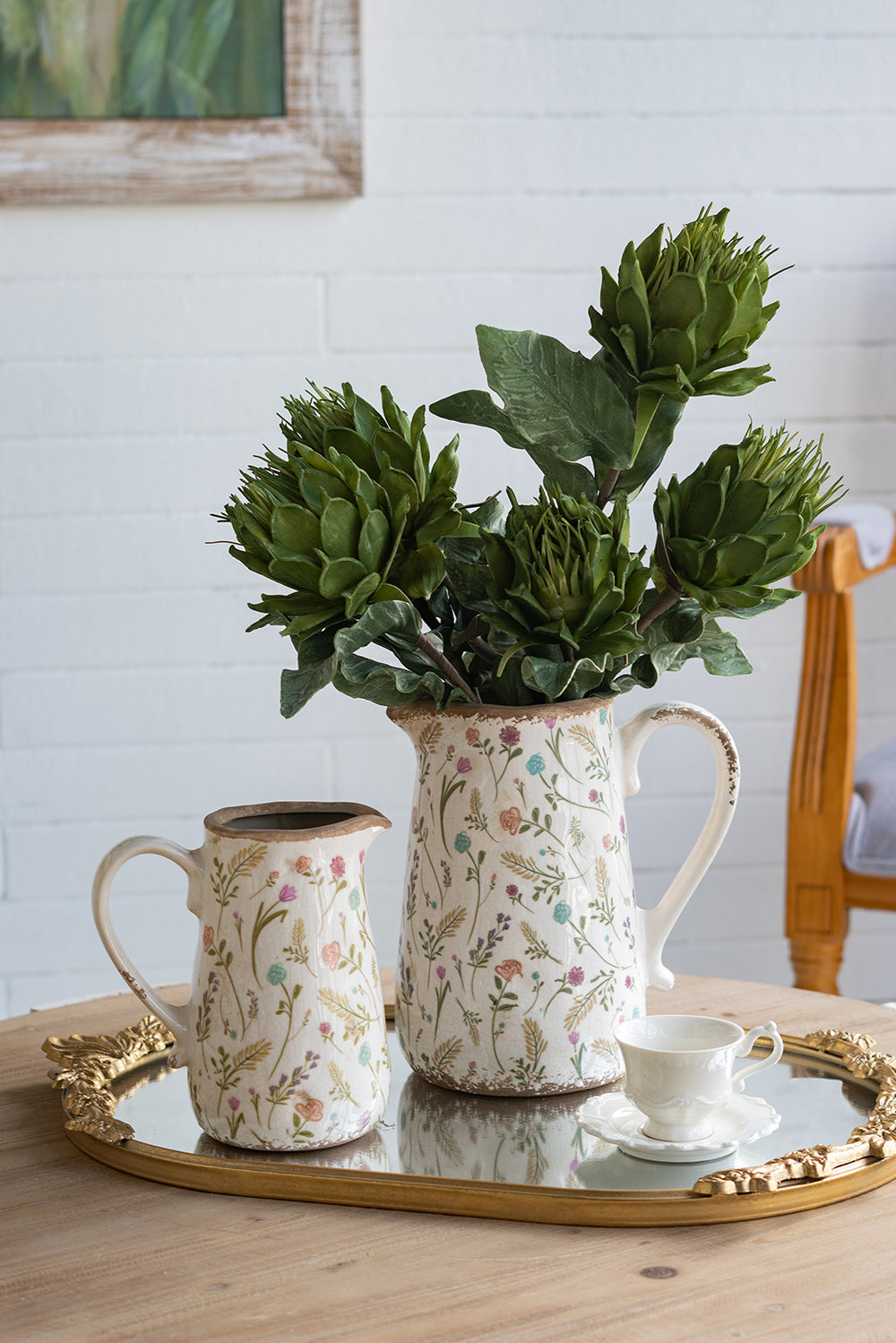 Round Ceramic Pitcher Vase with Floral Motifs - Multicolor