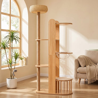 Multi-Level Wood Cat Tree Tower with Sisal Scratching Post - Natural Wood