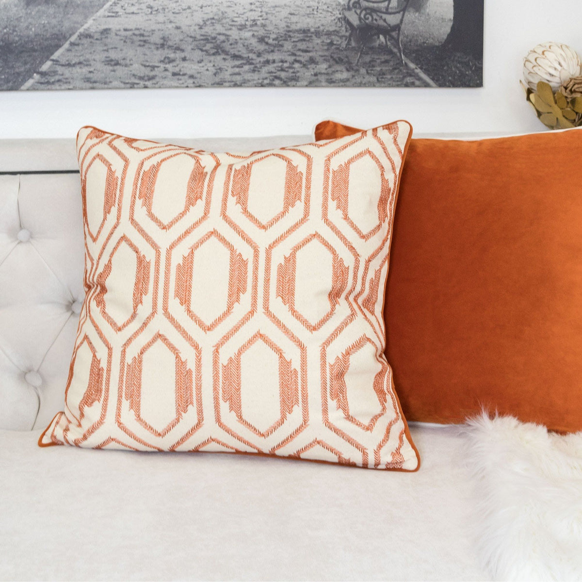 Geometric Embroidered Throw Pillow with Cotton Texture - Rust