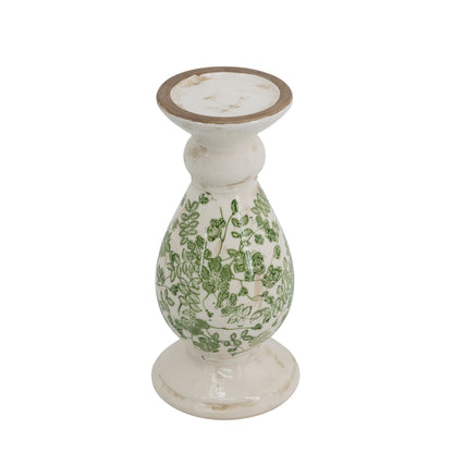White Ceramic Candle Holder with Green Floral Patterns - 10" Height
