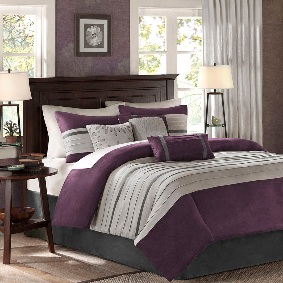Faux Suede 7 Piece Queen Comforter Set with Embroidered Pillows - Purple