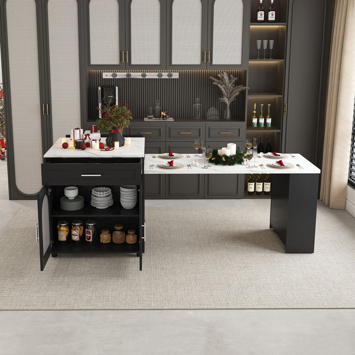 Expandable Kitchen Island with Power Outlet - Wood, White or Black
