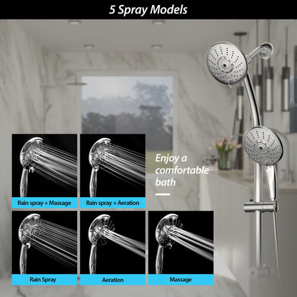 Dual Shower Head with Adjustable Slide Bar and Multi Function Settings - Pearl Silver or Gray